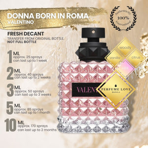 DECANT Valentino Donna Born in Roma woody, vanilla, and fruity