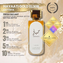 Load image into Gallery viewer, PERFUME DECANT Lattafa Hayaati gold elixir animalic, leather, vanilla notes