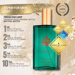 Aspen Cologne Cologne Spray For Men PERFUME DECANT Aspen Coty For Men